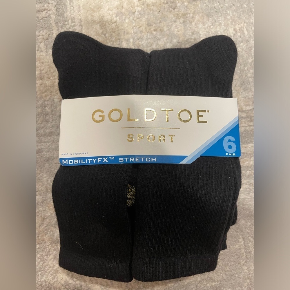 NWT Gold Toe Sport 6 Pair Black Cushion Crew Socks Shoe Size 6-9 Unisex